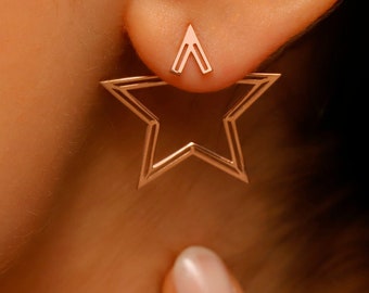 Unique Design Ear Jacket Earrings in Silver, Gold, Rose Gold, Star Ear Hoop Earrings, Modern Jewelry, Perfect Gift for Her, Next Day Ship !!