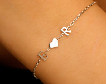 Personalized Initial Bracelet with Heart and Birthstone in Sterling Silver, 14K Gold, 14K Rose Gold • Custom Couples Bracelet • Gift for Her
