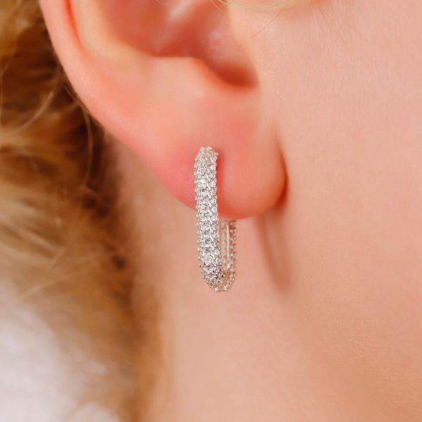 925 Sterling Silver Pave Diamond Mini Link Huggies Hoops Earrings, Minimalist Unique Geometric Earrings, Perfect Gifts