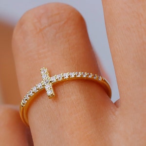 Cross Ring with Pave Diamond in 18K Gold Filled, Minimalist Dainty Christian Cross Jewelry for Women