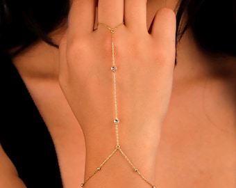 Gold Beaded Hand Chain Bracelet with CZ Stone, 18K Gold Filled