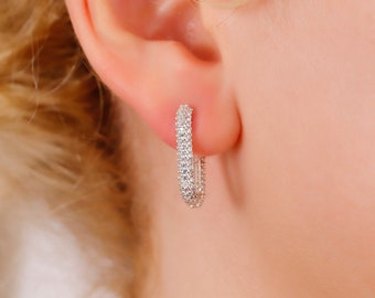 925 Sterling Silver Pave Diamond Mini Link Huggies Hoops Earrings, Minimalist Unique Geometric Earrings, Perfect Gifts