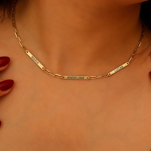 Bar Necklace with Paper Clip Chain, Personalized Multiple Name Necklace Gold, Engraved Bar Necklace, Gift for Mom