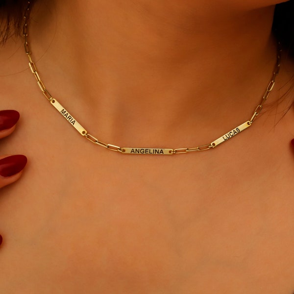 14K Gold Mini Name Bar Necklace with Paper Clip Chain, Personalized Multiple Name Necklace Gold