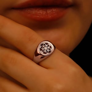 Anillo con sello de flor de la vida bañado en oro de 14 quilates, elegante joyería Semilla de la vida en plata de ley 925 y oro rosa