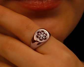 14K Gold Filled Flower of Life Signet Ring, Elegant Seed Of Life Jewelry in 925 Sterling Silver and Rose Gold