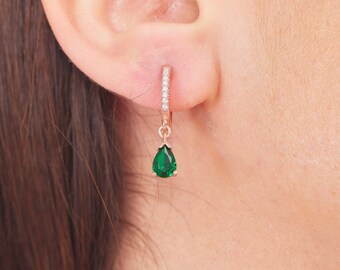 14 K Gold Emerald Hoop Earrings with Diamonds, Charm Drop Earrings, Minimalist Wedding Gift, Perfect Gifts for Her, Unique Teachers Gift