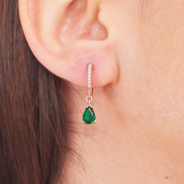 14 K Gold Emerald Hoop Earrings with Diamonds, Charm Drop Earrings, Minimalist Wedding Gift, Perfect Gifts for Her, Unique Teachers Gift