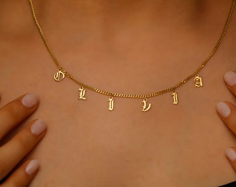 Old English Name Necklace with Curb Chain in 14K Gold, Sterling Silver, and Rose Gold - Personalized Gothic Spaced Dangle Letter Necklace