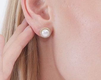 Fresh Water Pearl Stud Earrings with Diamonds, Natural Pearl Minimalist Jewelry