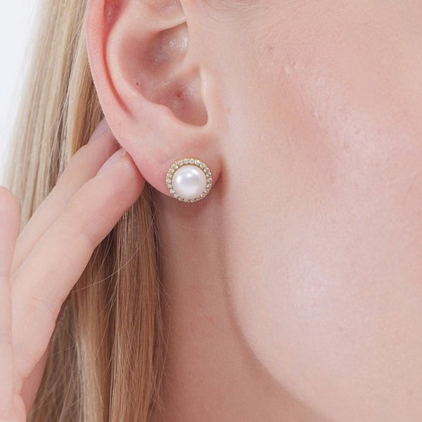 Fresh Water Pearl Stud Earrings with Diamonds, Natural Pearl Minimalist Jewelry