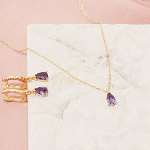 14 K Gold Amethyst Drop Earrings and Necklace, Gift İdeas, Purple Jewelry, Amethyst Jewelry, Gemstone Fashion Jewelry, Elegant Gift image 9