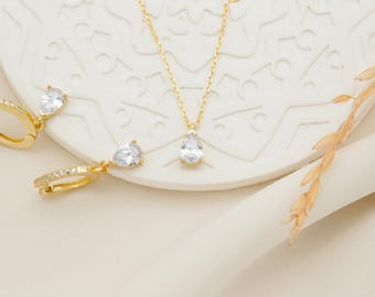 14K Gold Diamond Dangle Earrings and Necklace: Handmade Bridal Jewelry Set