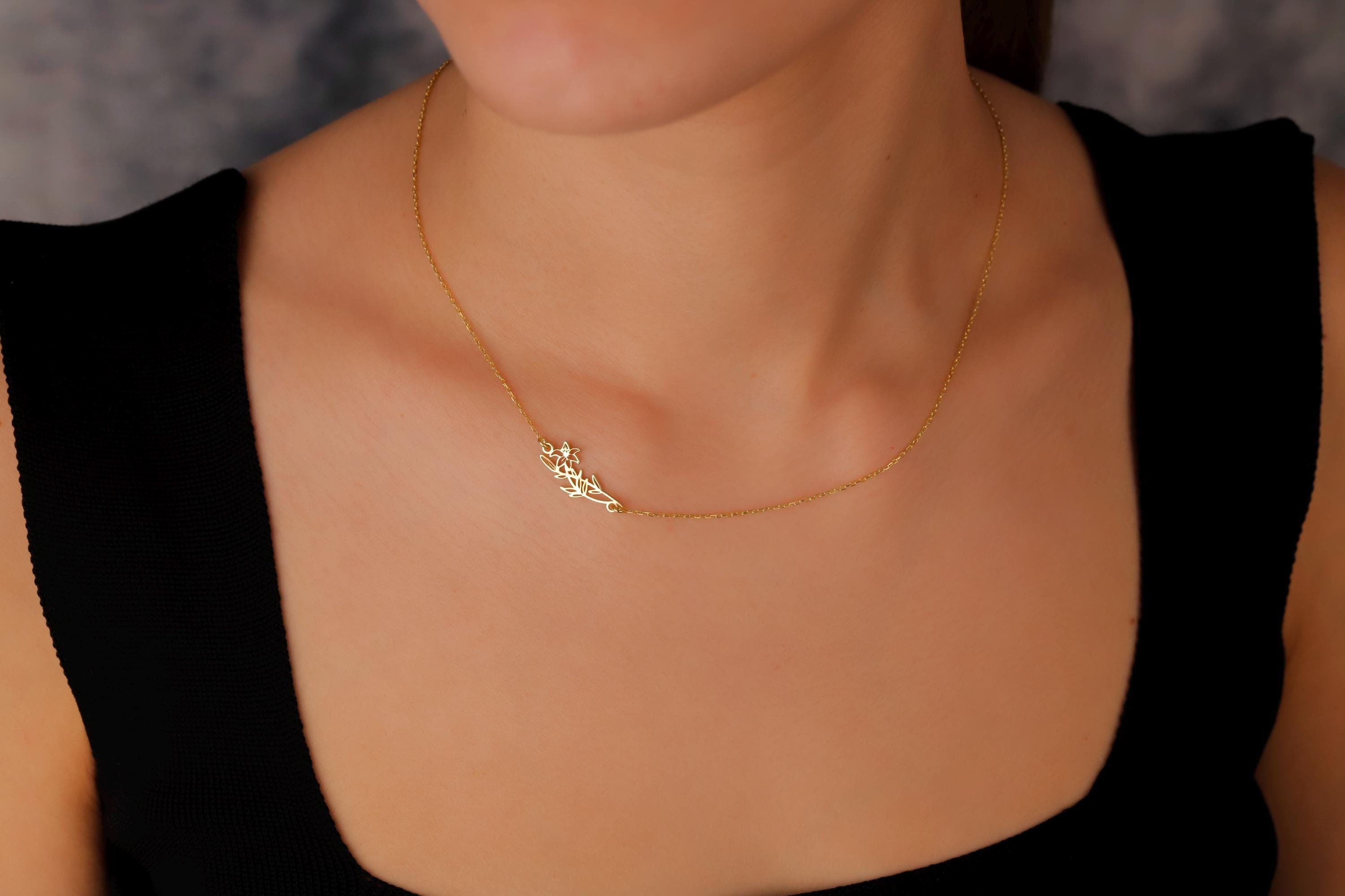 Personalized Birth Flower Necklace, 925 Sterling Silver Birth Month Flower Pendant, Sideway Floral Necklace, Gift For Her, Gift For Xmas