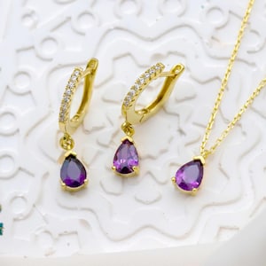 14 K Gold Amethyst Drop Earrings and Necklace, Gift İdeas, Purple Jewelry, Amethyst Jewelry, Gemstone Fashion Jewelry, Elegant Gift