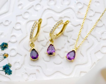 Conjunto de joias de ametista em ouro 14K: brincos e colar de prata esterlina