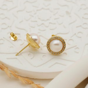 Fresh Water Pearl Stud Earrings with Diamonds, Natural Pearl Minimalist Jewelry