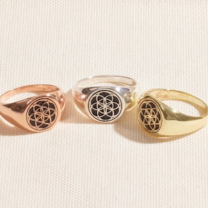 925 Sterling Silver Flower of Life Signet Ring for Women and Men, Couple Rings, Handmade Sacred Geometry Jewelry image 3