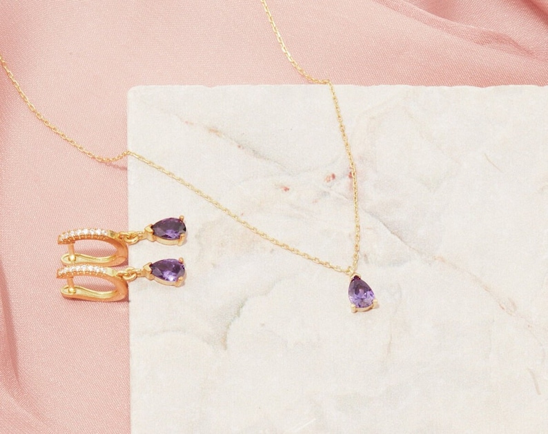 14 K Gold Amethyst Drop Earrings and Necklace, Gift İdeas, Purple Jewelry, Amethyst Jewelry, Gemstone Fashion Jewelry, Elegant Gift image 9