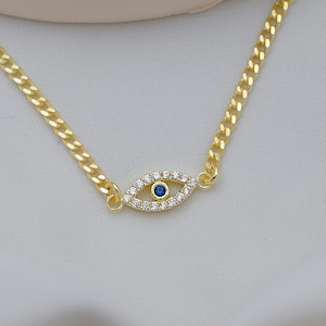Dainty Evil Eye Bracelet: Sterling Silver Curb Chain, Protective Amulet