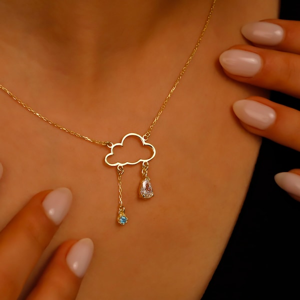 Silver Rainy Cloud Necklace with Diamond and Turquoise Stones, Delicate Weather Pendant, Cute Charm Necklace for girls