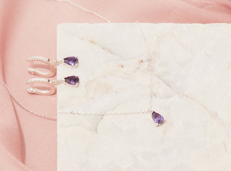 14 K Gold Amethyst Drop Earrings and Necklace, Gift İdeas, Purple Jewelry, Amethyst Jewelry, Gemstone Fashion Jewelry, Elegant Gift image 6