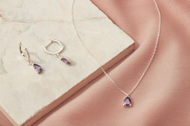 14 K Gold Amethyst Drop Earrings and Necklace, Gift İdeas, Purple Jewelry, Amethyst Jewelry, Gemstone Fashion Jewelry, Elegant Gift image 1