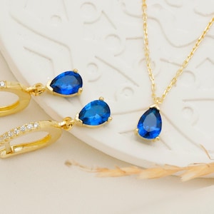 14 K Gold Sapphire Drop Earrings and Necklace, Charm Handmade Jewelry Set, Minimalist Wedding Gift, Gift for Her, Engagement Gift