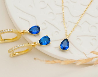 Conjunto de joias de safira em ouro 14K: brincos e colar de prata esterlina