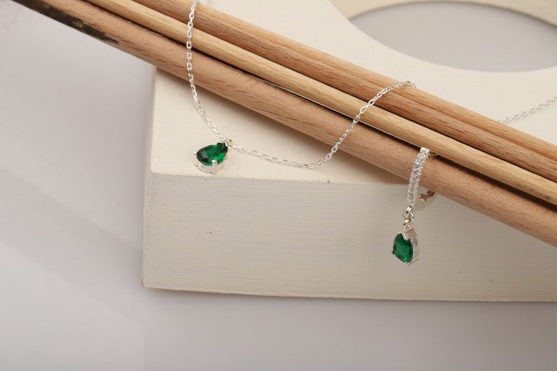 14 K Gold Emerald Drop Earrings and Necklace, Elegant Minimalist Gift, Emerald Jewelry, Timeless Birthstone Jewelry, Fine Jewelry image 4