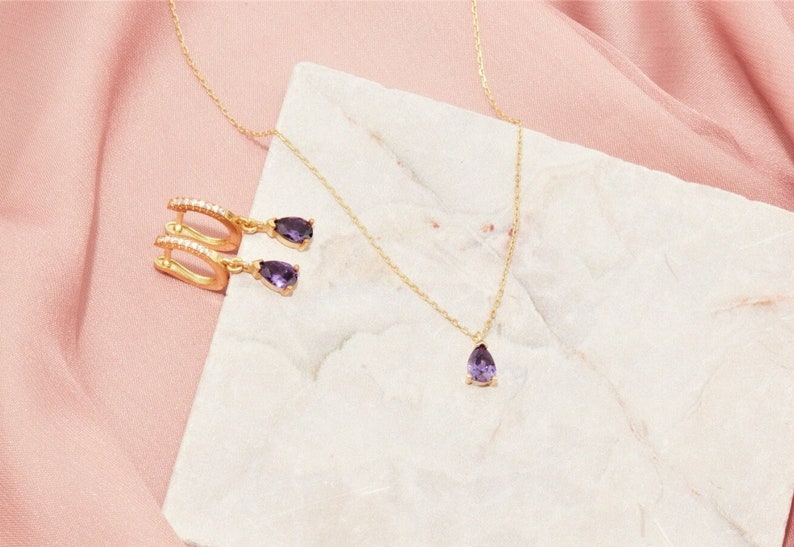 14 K Gold Amethyst Drop Earrings and Necklace, Gift İdeas, Purple Jewelry, Amethyst Jewelry, Gemstone Fashion Jewelry, Elegant Gift image 5
