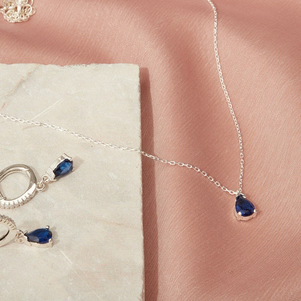 14 K Gold Sapphire Drop Earrings and Necklace, Charm Handmade Jewelry Set, Minimalist Wedding Gift, Gift for Her, Engagement Gift