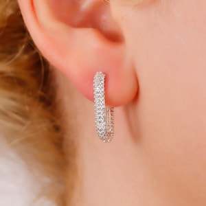 Square Huggies Hoops Earrings with Pave Diamond in 925 Sterling Silver, Minimalist Unique Geometric Earrings