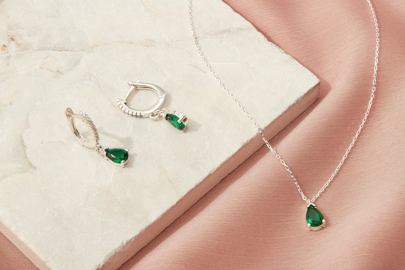 14 K Gold Emerald Drop Earrings and Necklace, Elegant Minimalist Gift, Emerald Jewelry, Timeless Birthstone Jewelry, Fine Jewelry image 1