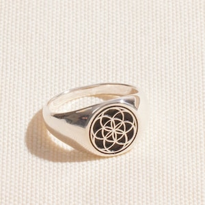 925 Sterling Silver Flower of Life Signet Ring for Women and Men, Couple Rings, Handmade Sacred Geometry Jewelry image 1