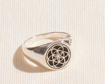 925 Sterling Silver Flower of Life Signet Ring for Women and Men, Couple Rings, Handmade Sacred Geometry Jewelry