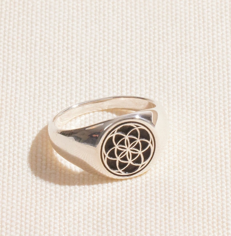 925 Sterling Silver Flower of Life Signet Ring for Women and Men, Couple Rings, Handmade Sacred Geometry Jewelry image 1