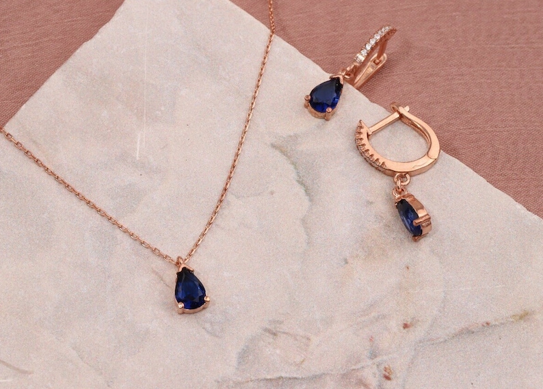 14 K Gold Sapphire Drop Earrings and Necklace, Charm Handmade Jewelry Set, Minimalist Wedding Gift, Gift for Her, Engagement Gift image 4