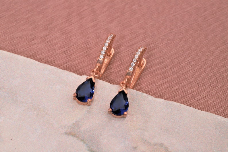 14 K Gold Sapphire Drop Earrings and Necklace, Charm Handmade Jewelry Set, Minimalist Wedding Gift, Gift for Her, Engagement Gift image 10