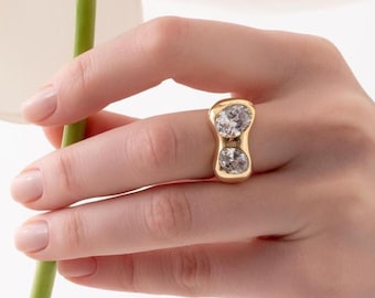 Zwei-Stein-Goldring mit weißen Zirkonen, minimalistischer verstellbarer Statement-Band