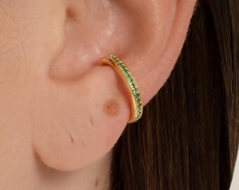 Sterling Silver Ear Cuff with Green Stones, Minimal Unisex Earring