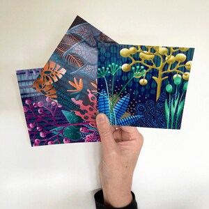 Postales, Set de 3, Con sobre, Tarjetas temáticas, Botánico, Selva, Cuadradas 135 x 135 mm, Hechas a mano, Únicas, Decoración, Enmarcarla usted mismo