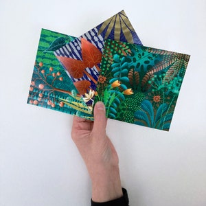 Postcards, Set of 3, With an envelope, Themecards, Botanical, Jungle, Square 135 x 135 mm, Handmade, Unique, Decoration, Frame It Yourself