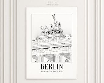 May include: Black and white line drawing of the Brandenburg Gate in Berlin, Germany. The gate is a neoclassical triumphal arch with a quadriga sculpture on top. The text "BERLIN" and "BRANDENBURGER TOR" is below the image.