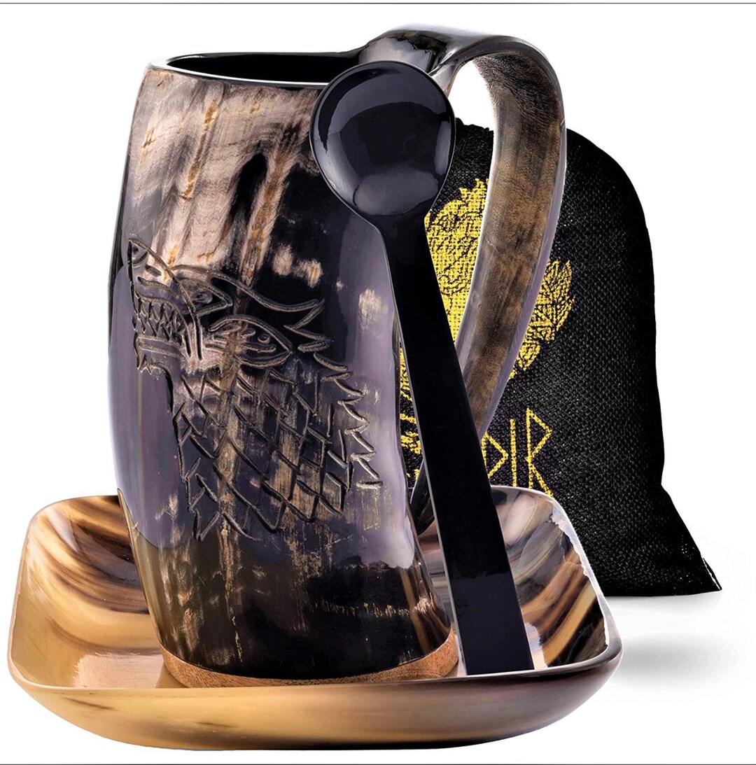 FENRIR Horn Coffee Mug Wolf 16 Oz Ox Horn Tankard Coffee Mug for Hot