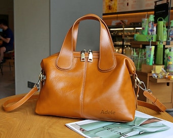 Vintage Leather Boston Bag,Personalized Leather Bag,Handmade Crossbody Bag,Women Shoulder Bag