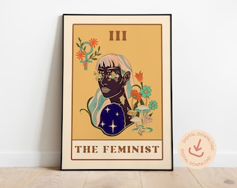 May include: A digital download of a tarot card illustration. The card is yellow with a black outline and features a woman with blue and white hair, a blue dress with stars, and flowers. The card is labeled "III THE FEMINIST".