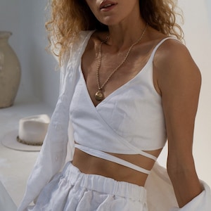 White linen wrap crop top Liana Summer elegant wrap blouse Open back bra top Linen bralette Back tie Organic flax Custom sizes