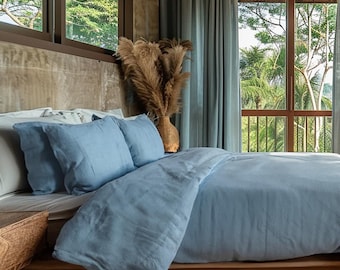 Ice soft medium weight linen bedding set duvet cover 2 pillowcases Rustic stonewashed linen comforter cover zipper King Queen duvet
