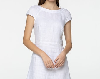 White linen midi short sleeve dress Cara Long simple dress Simple basic summer dress Minimalist casual pure white linen dress Custom size